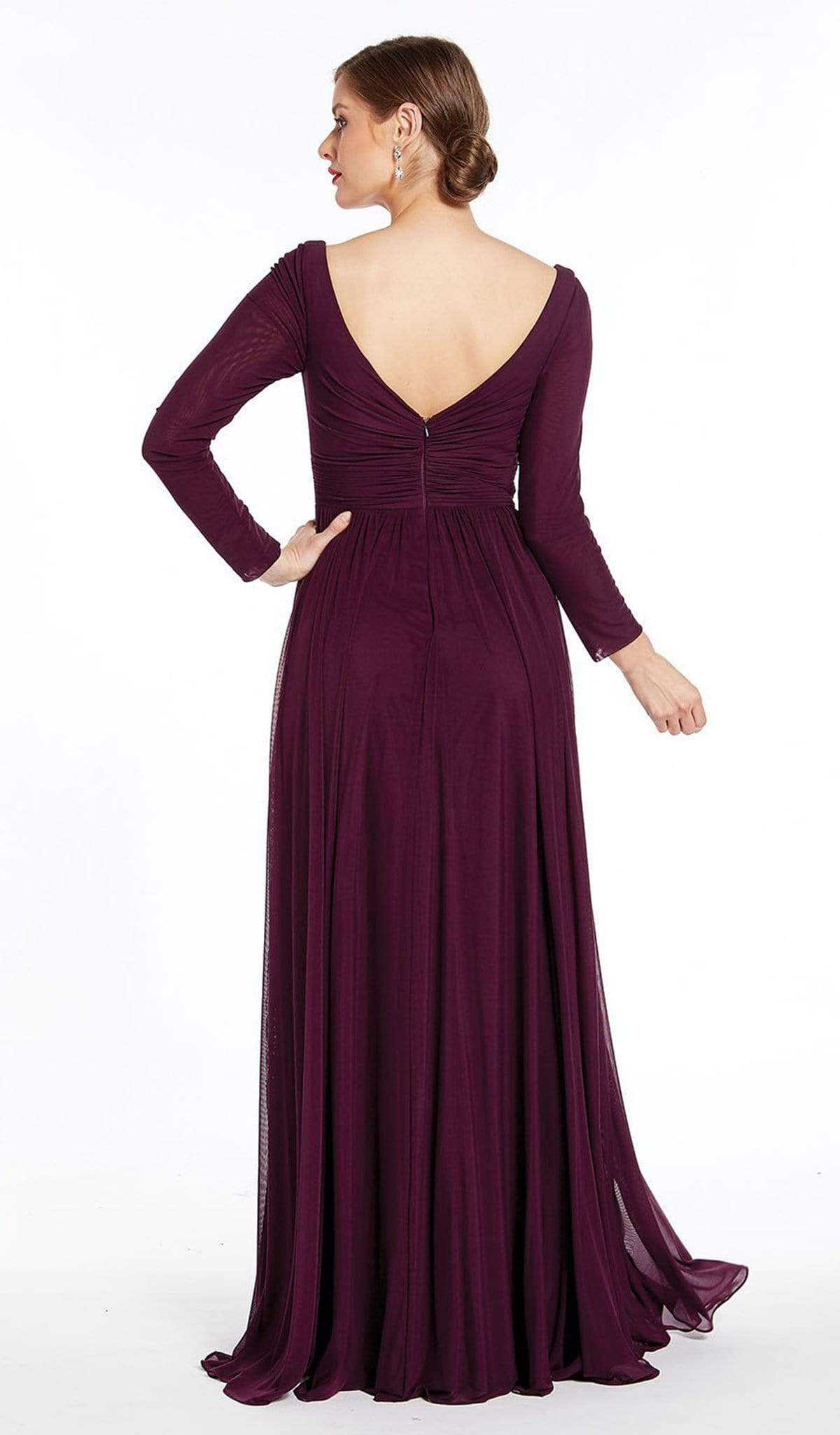 Alyce Paris, Alyce Paris - 27304 Long Sleeves V Neck Jersey Dress with Slit - 2 pc Claret in Size 16 and 20 Available