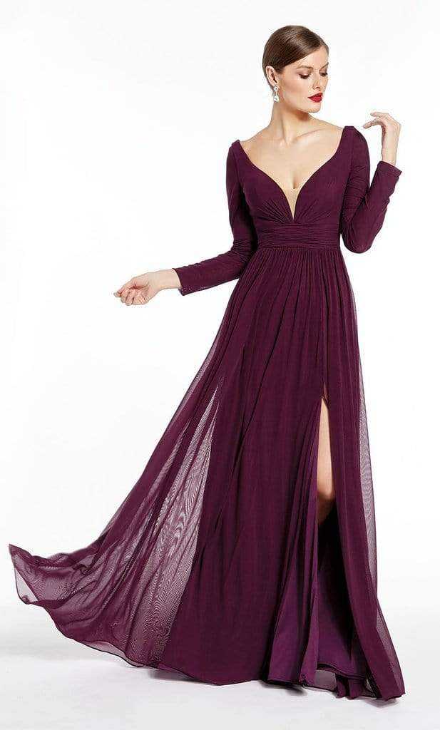 Alyce Paris, Alyce Paris - 27304 Long Sleeves V Neck Jersey Dress with Slit - 2 pc Claret in Size 16 and 20 Available