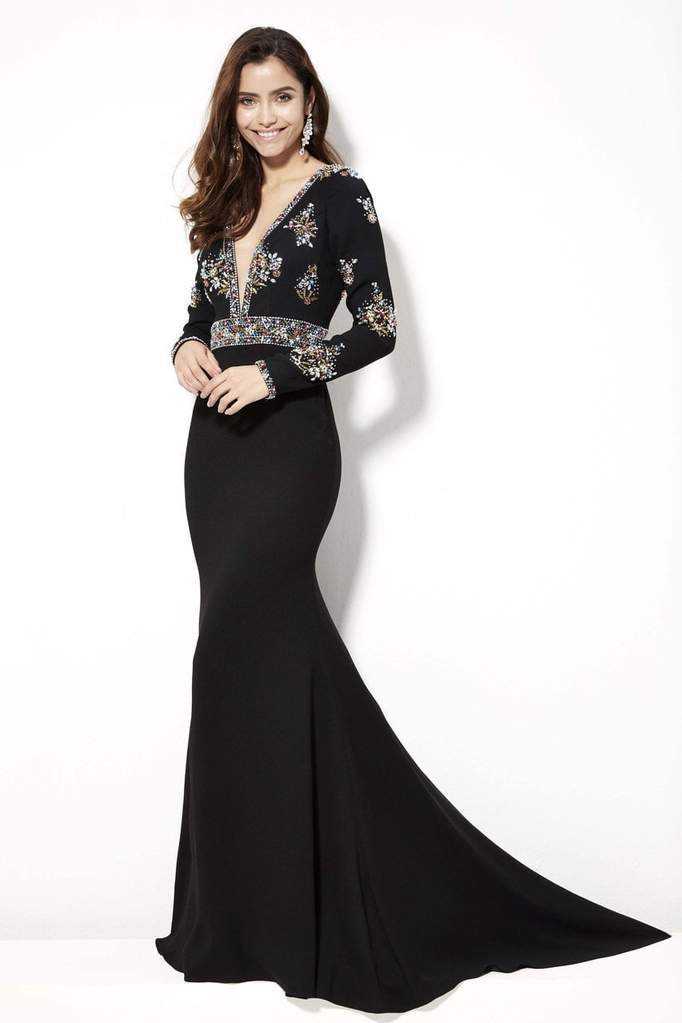 Angela & Alison, Angela & Alison - 81093 Long Sleeves Beaded Deep V-neck Trumpet Dress - 1 pc Black In Size 2 Available