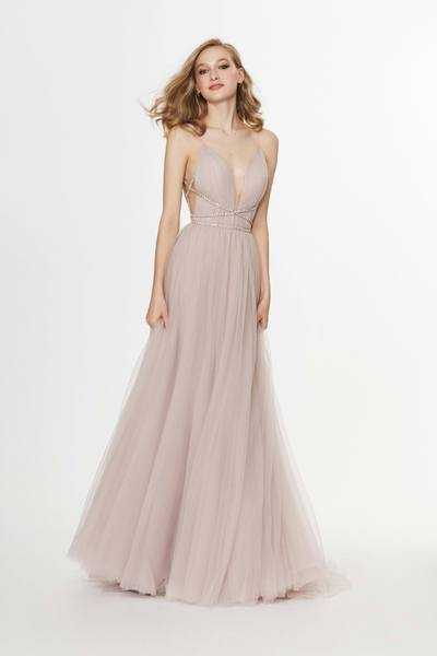 Angela & Alison, Angela & Alison - 91036 Rhinestone Criscross Waistband Illusion Plunging Soft Net Gown - 2 pcs Rum Pink In Sizes 14 and 18 Available