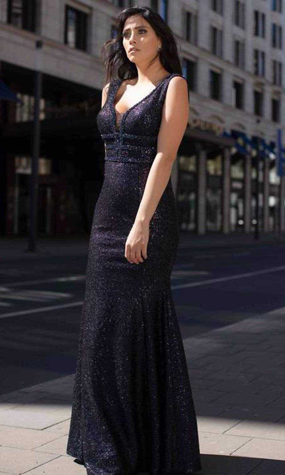 Chic and Holland, Chic and Holland - AN3007 Plunging Neck Embellished Gown