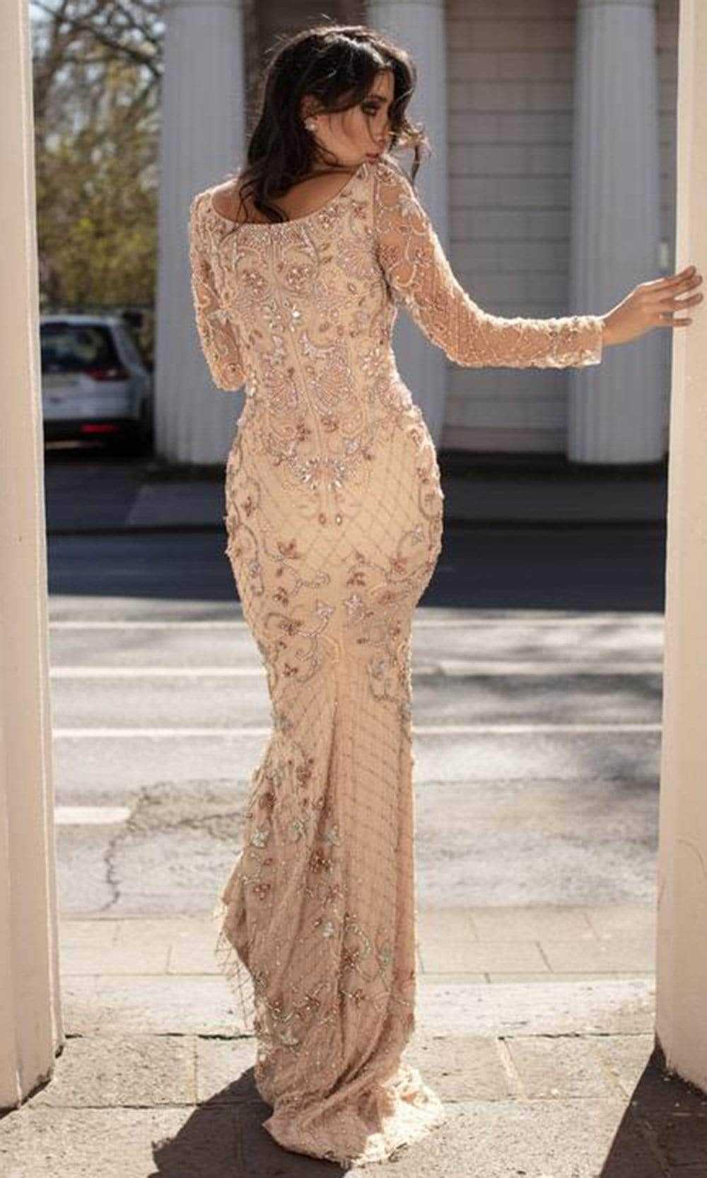 Chic and Holland, Chic and Holland HF1607 - Beaded Long Sleeve Prom Gown